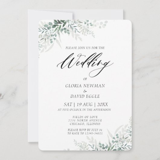 Elegant Green Foliage Wedding Invitation Kaart (Voorkant)