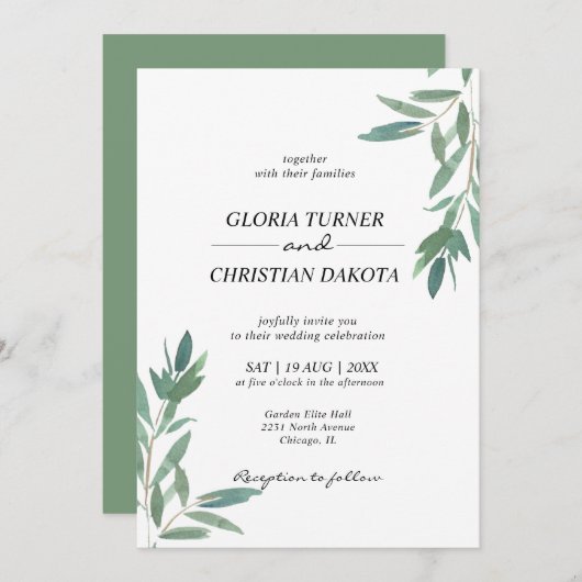 Elegant Green Foliage Wedding Invitation Kaart (Voorkant / Achterkant)
