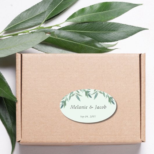 Elegant Green Foliage Wedding Ovale Sticker