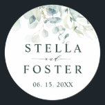 Elegant Green Foliage Wedding Ronde Sticker<br><div class="desc">Deze sticker heeft beschilderde waterverf eucalyptus,  botanisch groen en lichtblauw blad.</div>