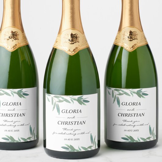 Elegant Green Foliage Wedding Sparkling Wijnetiket