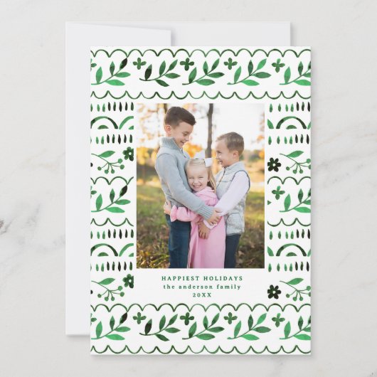 Elegant Green Folk Waterverf Kerstfoto Feestdagenkaart (Voorkant)