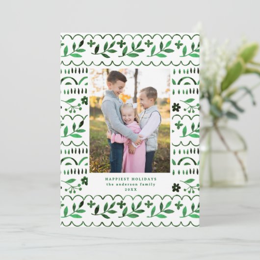 Elegant Green Folk Waterverf Kerstfoto Feestdagenkaart (Staand voorkant)