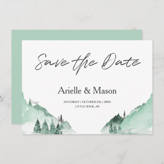 Elegant Green Forest Mountains Save the Date (Voorkant / Achterkant)