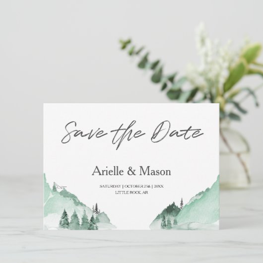 Elegant Green Forest Mountains Save the Date (Staand voorkant)