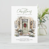 Elegant Green Front Door New Home Christmas Feestdagenkaart (Staand voorkant)