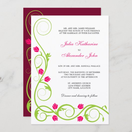 Elegant Green Fuchsia Swirls Wedding Invitation Kaart (Voorkant / Achterkant)