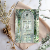 Elegant Green Garden Watercolor Wedding Monogram Kaart