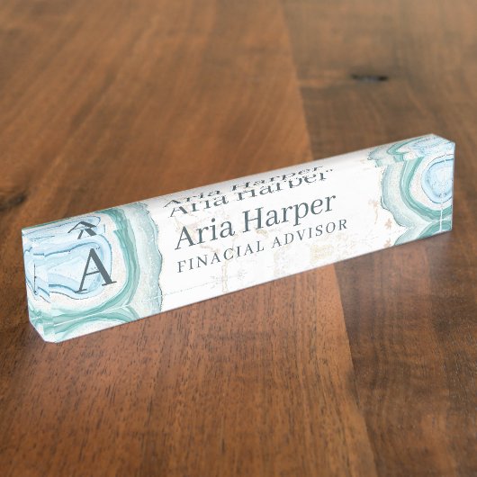 Elegant Green Geode Gold Glitter Agate Monogram Naambordje (Zijkant)