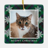 Elegant Green Gingham Cat Photo Meowy Kerstmis Keramisch Ornament (Voorkant)