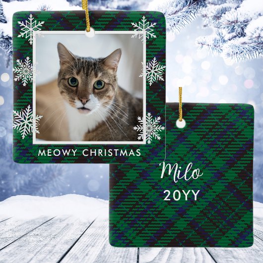 Elegant Green Gingham Cat Photo Meowy Kerstmis Keramisch Ornament