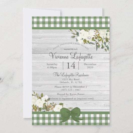 Elegant Green Gingham Floral Baby shower Kaart (Voorkant)