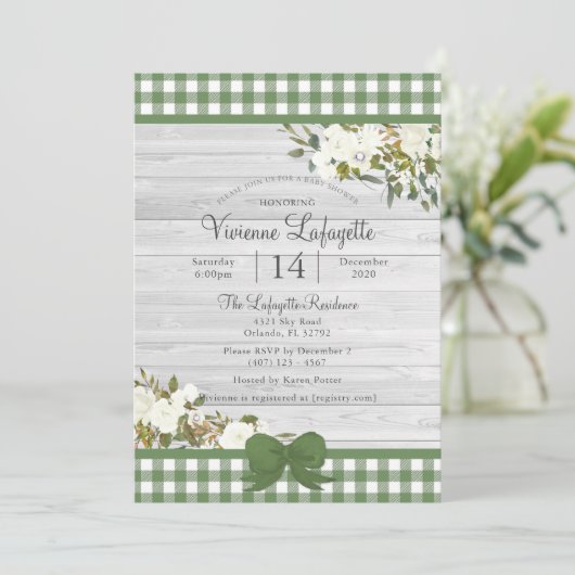 Elegant Green Gingham Floral Baby shower Kaart (Staand voorkant)