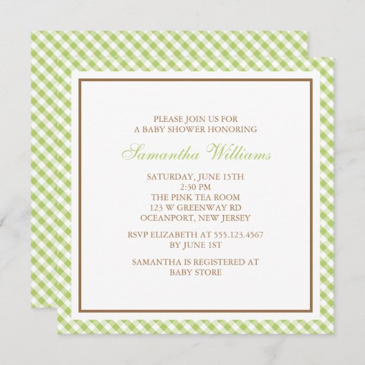 Elegant Green Gingham Pattern Baby shower Kaart (Voorkant / Achterkant)