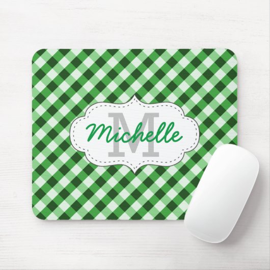 Elegant Green Gingham Pattern Persoonlijke naam Muismat (Met muis)