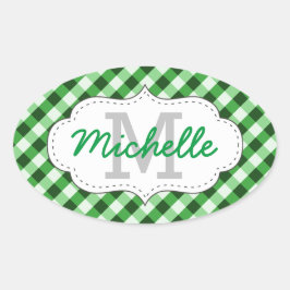Elegant Green Gingham Pattern Persoonlijke naam Ovale Sticker