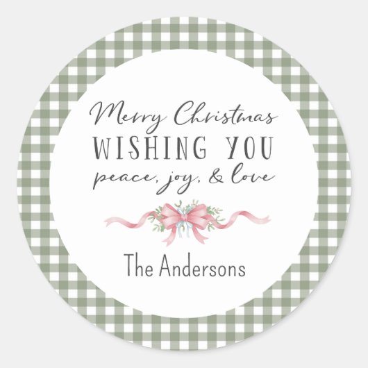 Elegant Green Gingham Plaid Preppy Christmas Ronde Sticker (Voorkant)