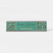 Elegant Green Glitter Black Gold Leopard Print Bureau Naambordje (Voorkant)