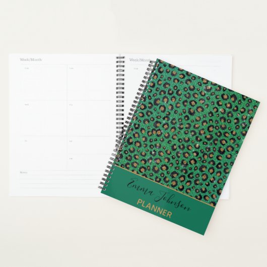 Elegant Green Glitter Black Gold Leopard Print Planner (Display)