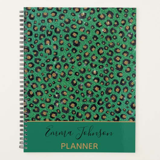 Elegant Green Glitter Black Gold Leopard Print Planner (Voorkant)