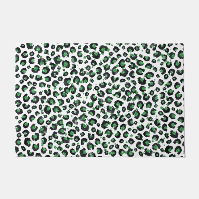 Elegant Green Glitter Black Leopard Animal Print Deurmat (Voorkant)