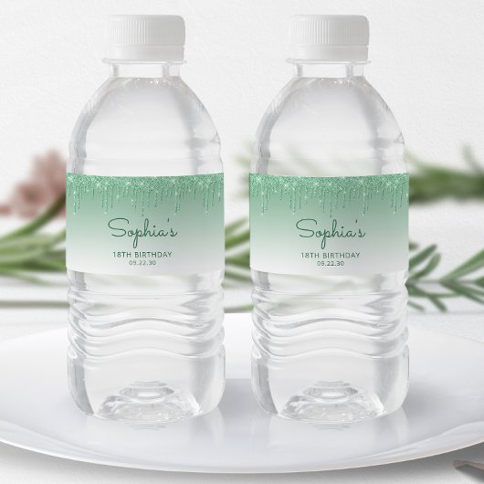 Elegant Green Glitter Drip 18e verjaardagsfeest Waterfles Etiket