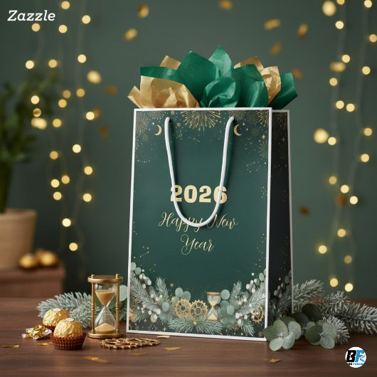 Elegant Green Gold 20XX New Year's Eve Celebration Medium Cadeauzakje