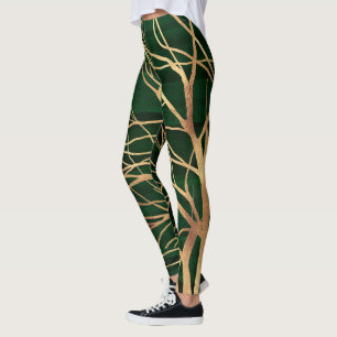 Elegant Green Gold Autumn Tree Tekening Leggings