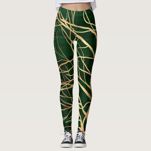 Elegant Green Gold Autumn Tree Tekening Leggings (Voorkant)