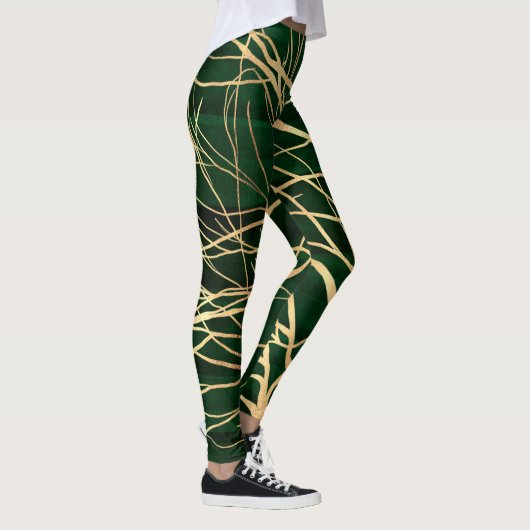 Elegant Green Gold Autumn Tree Tekening Leggings (Rechts)