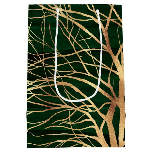 Elegant Green Gold Autumn Tree Tekening Medium Cadeauzakje (Achterkant)