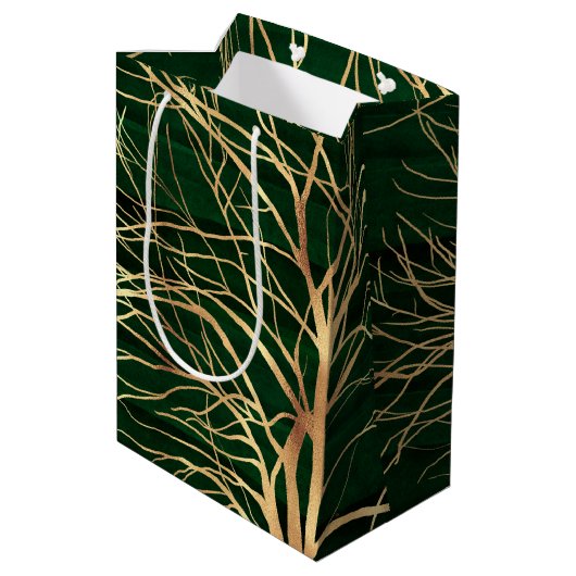 Elegant Green Gold Autumn Tree Tekening Medium Cadeauzakje (Achterkant Gekanteld)