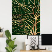 Elegant Green Gold Autumn Tree Tekening Poster (Thuiskantoor)