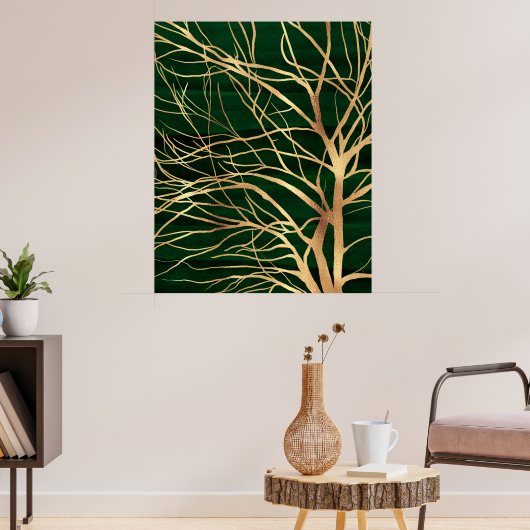 Elegant Green Gold Autumn Tree Tekening Poster (Woonkamer 3)