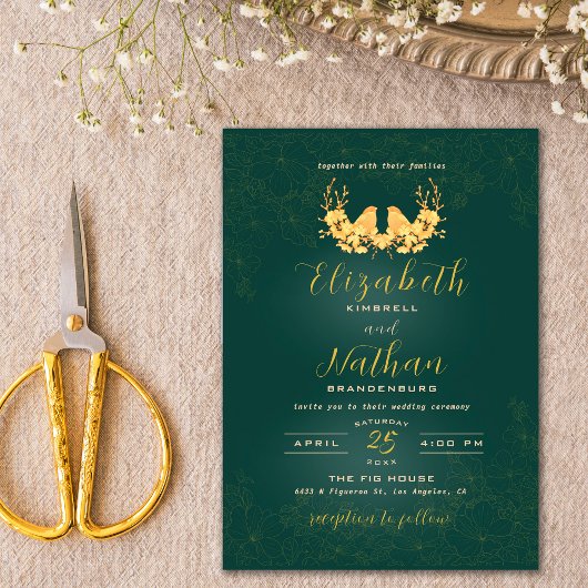 Elegant Green & Gold Birds Floral Wedding Kaart