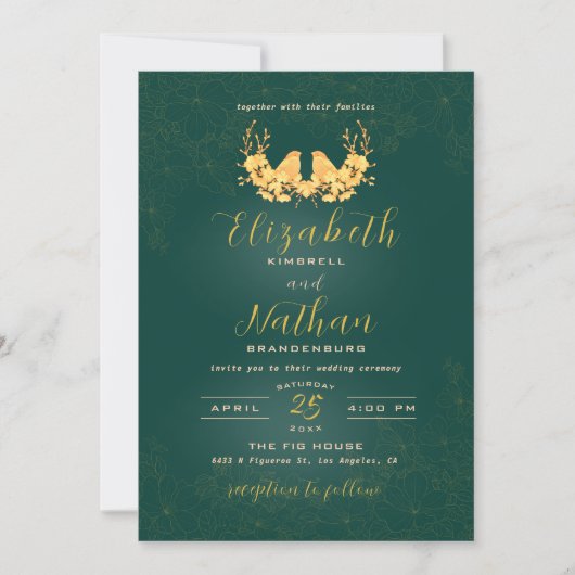 Elegant Green & Gold Birds Floral Wedding Kaart (Voorkant)