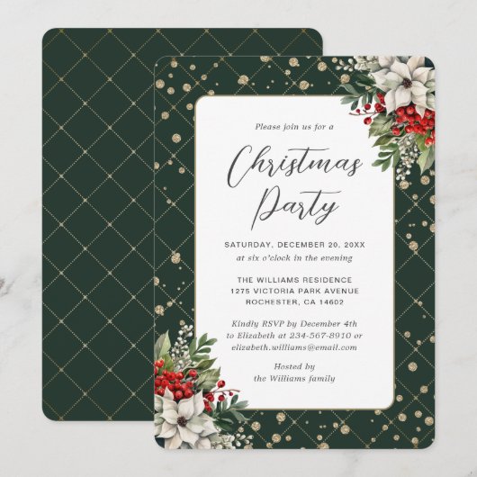 Elegant Green Gold Botanical Christmas Party Kaart (Voorkant / Achterkant)