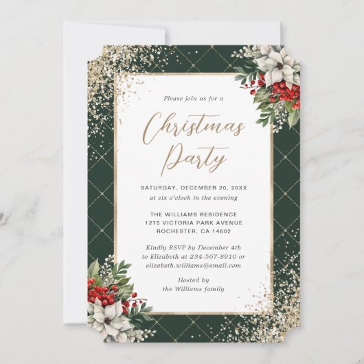 Elegant Green Gold Botanical Christmas Party Kaart (Voorkant)