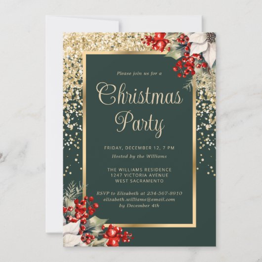 Elegant Green Gold Botanical Christmas Party Kaart (Voorkant)
