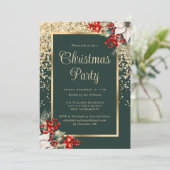 Elegant Green Gold Botanical Christmas Party Kaart (Staand voorkant)