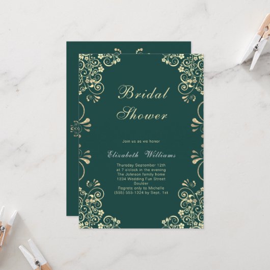 Elegant Green Gold Bridal Shower Invitation Kaart (Voorkant / Achterkant in situ)