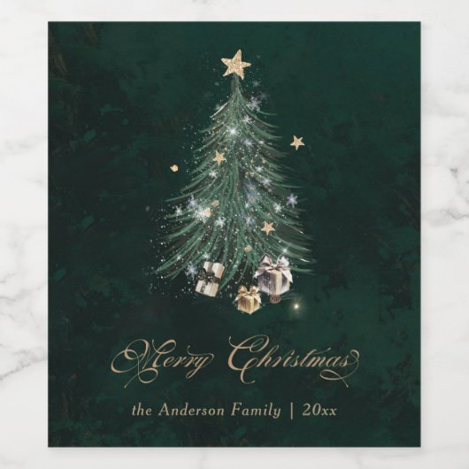 Elegant Green Gold Christmas Tree Wijn Etiket (Enkel label)
