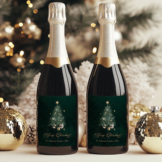 Elegant Green Gold Christmas Tree Wijn Etiket