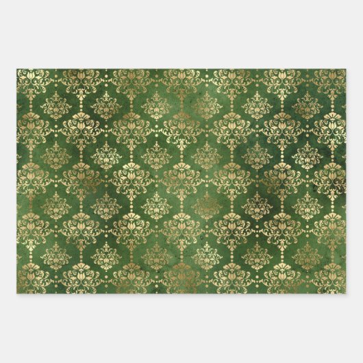 Elegant Green Gold Damask Reindeer Snowflakes Inpakpapier Vel (Voorkant)