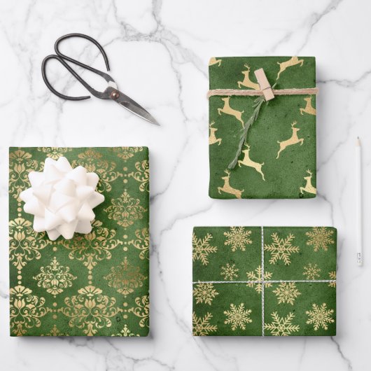 Elegant Green Gold Damask Reindeer Snowflakes Inpakpapier Vel (Voorkant)