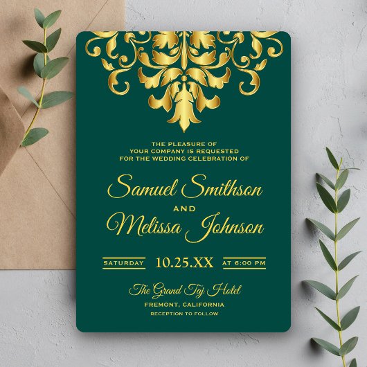Elegant Green Gold Damask Wedding Invitation Kaart