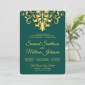 Elegant Green Gold Damask Wedding Invitation Kaart (Staand voorkant)