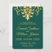 Elegant Green Gold Damask Wedding Invitation Kaart (Voorkant)