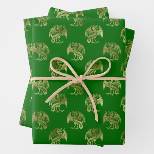 Elegant Green Gold Dragon Wrapping Paper Sheets (In situ)