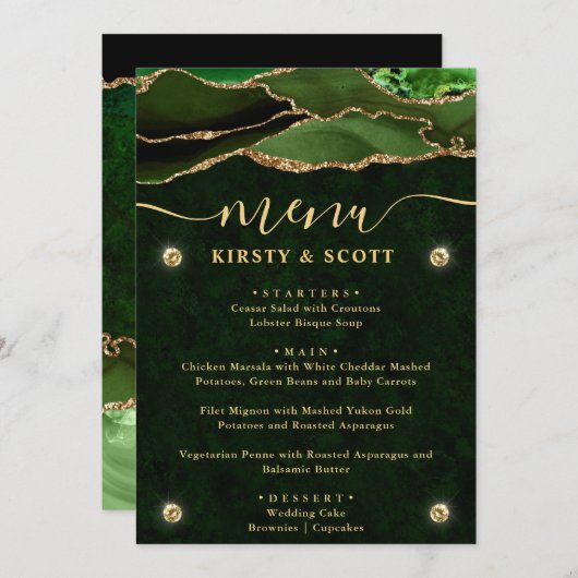 Elegant Green & Gold Faux Glitter Agate Wedding Menu (Voorkant / Achterkant)
